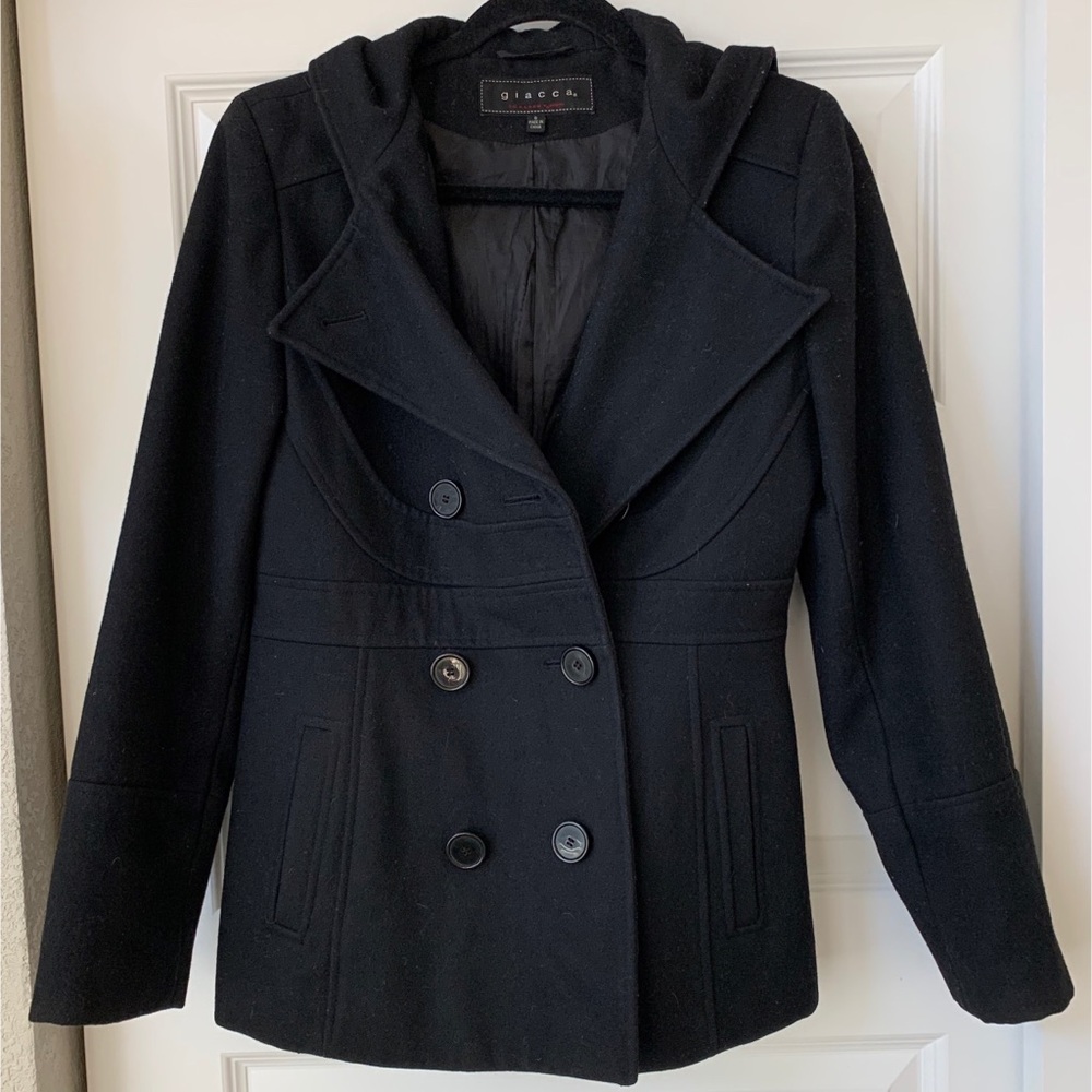 Black Double Breasted Pea Coat with Hood